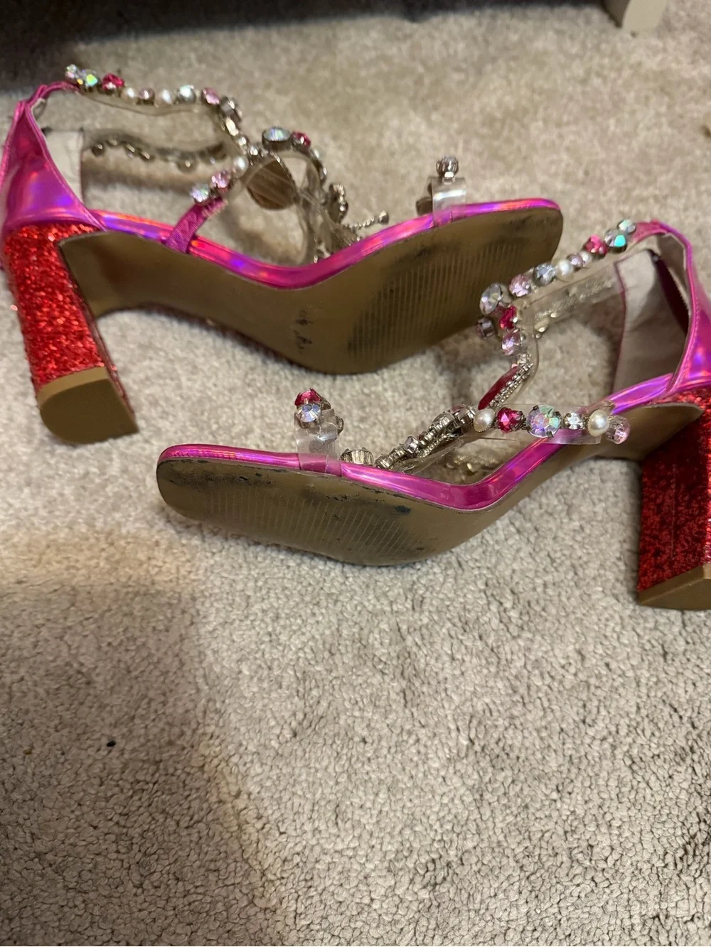 Betsey Johnson Iridescent Pink Jeweled Heart T-Strap Heels